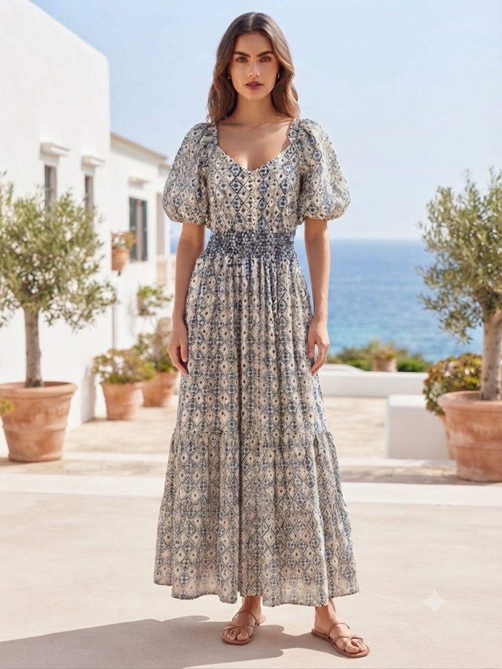Bohemian Puff-Sleeve Maxi Dress in Blue and Cream